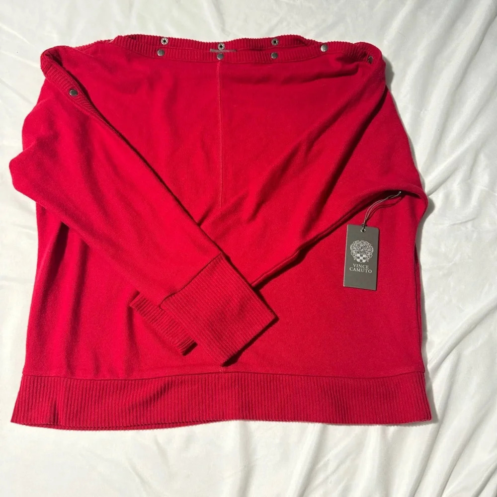 NWT Vince Camuto Holiday Sweater Tulip Red Size XS Loose Fit Snap Collar Closure